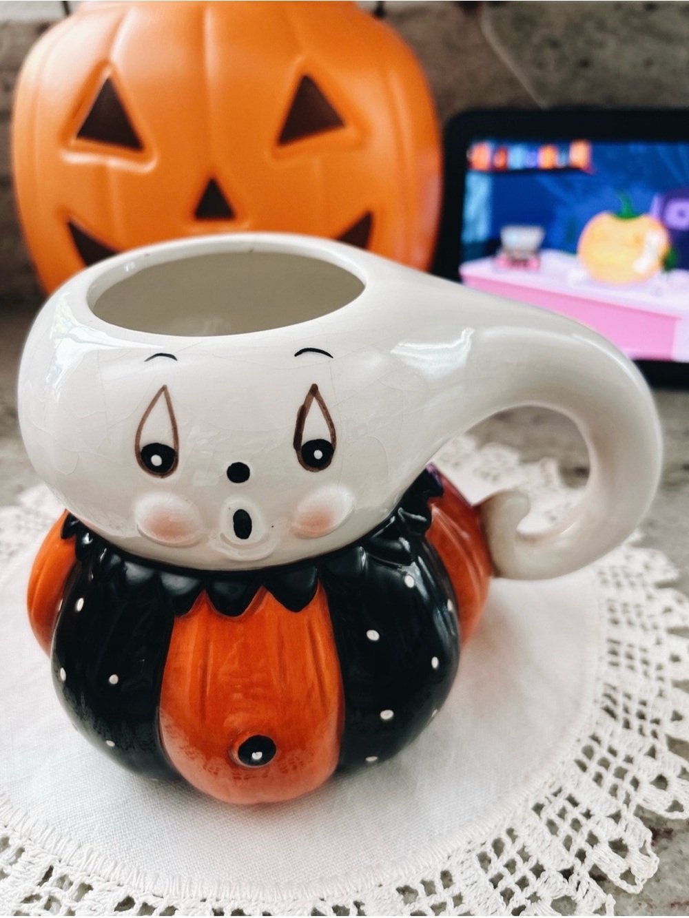 Johanna Parker Halloween Ceramic Ghost Pumpkin Candy Holder - White & Orange